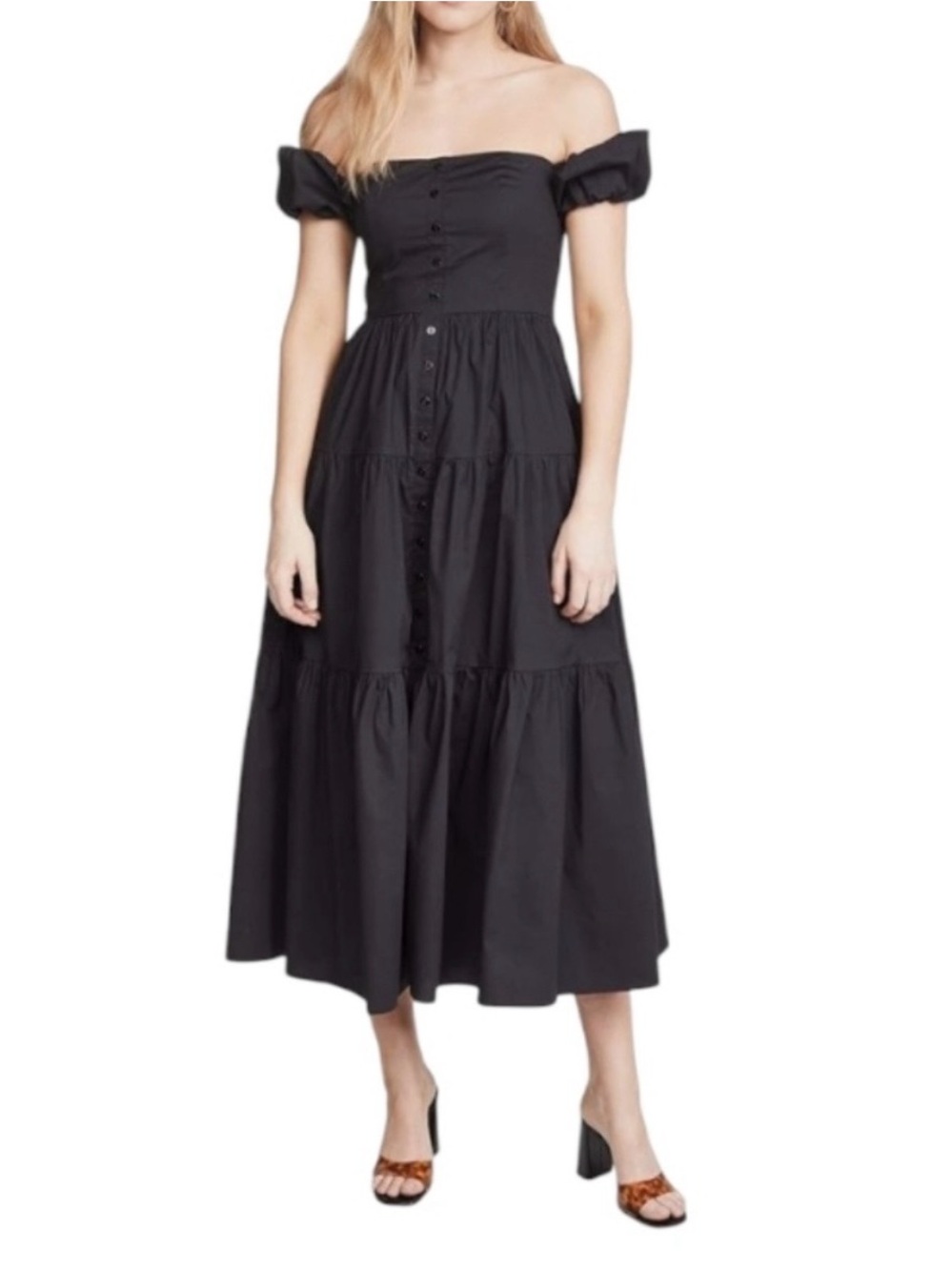 STAUD Elio Black Off-Shoulder Button-Front Tiered Midi Dress